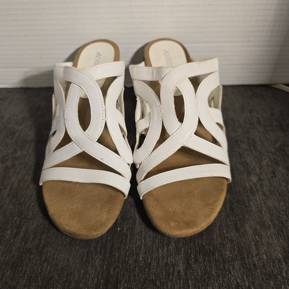Aerosoles Under Power White Cutout Strappy Heeled Sandals Mules Womens 9M